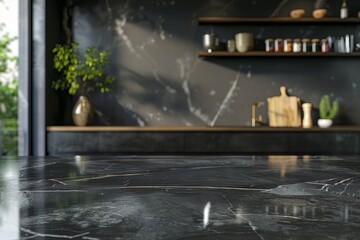 Empty dark marble table with modern kitchen room background space banner for display or montage products