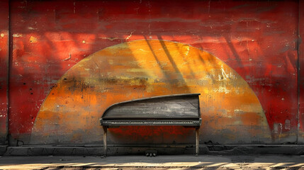 Old piano in front of an old painted wall with a shadow