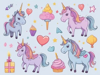 Obraz na płótnie Canvas Set of cute cartoon unicorns, ice cream, hearts, clouds and stars. Vector illustration