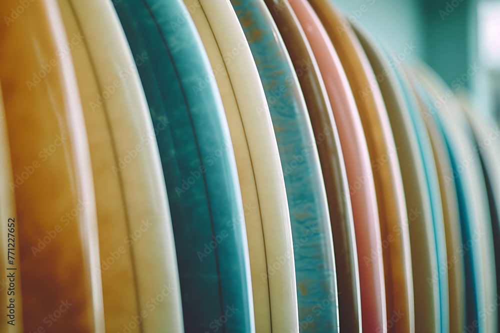 Wall mural surfboards that are lined together in the style of ha da9d54d3-49cd-49ac-8777-9e9e85f12c70 0