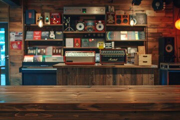Empty wooden counter with interior music shop background