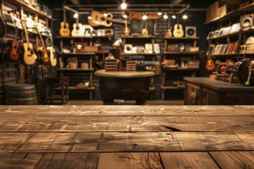 Fototapete Musikladen Empty wooden counter with interior music shop background