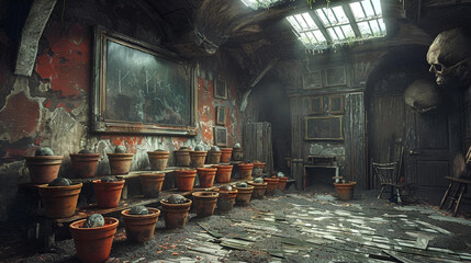 Grungy abandoned dark room with a lot of pots on the floor