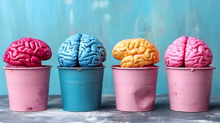 Human brain in plastic cups on a blue background. Brainstorming concept