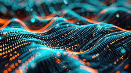 abstract background with line wave - Digital Wave of Blue and orange Particle Network, a network of particles, symbolizing connectivity and data flow