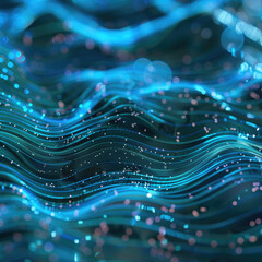 abstract background with line wave - Digital Wave of Blue Particle Network, a network of particles, symbolizing connectivity and data flow