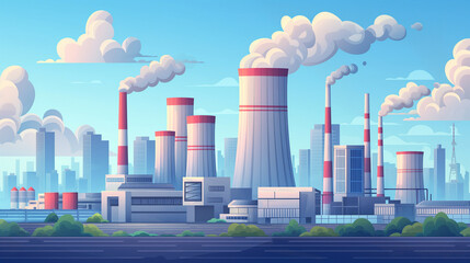Industrial site or zone with factories, manufacturing plants, power stations, warehouses, cooling towers against city buildings on background. Flat cartoon colorful vector illustration for banner. - obrazy, fototapety, plakaty