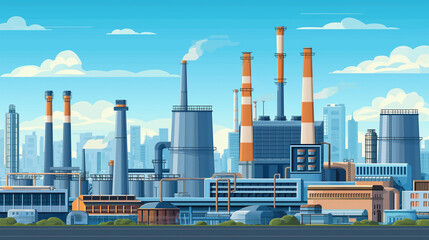 Industrial site or zone with factories, manufacturing plants, power stations, warehouses, cooling towers against city buildings on background. Flat cartoon colorful vector illustration for banner. - obrazy, fototapety, plakaty