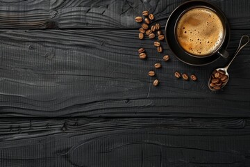 top view cup and coffee beans in a sack on Black wood space banner for display or montage products