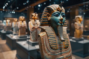 egyptian statues display in museum - obrazy, fototapety, plakaty