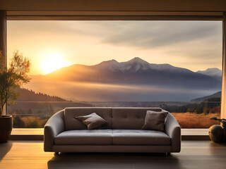 Gernerative KI Wohnzimmer mit großen Fenstern im Hintergrund Berge bei Sonnenaufgang Sonnenuntergang