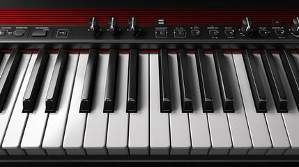 piano keyboard with red and black keys on white background. close up