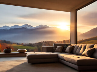 Gernerative KI Wohnzimmer mit großen Fenstern im Hintergrund Berge bei Sonnenaufgang Sonnenuntergang