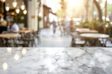 White Marble table top and blurred restaurant interior background space banner for display or...