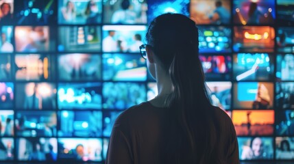A woman engrossed in watching multiple TV screens, streaming media from an entertainment platform with digital on-demand content