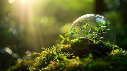 Glass orb terrariums, miniature Earth ecosystems, soft backlight, magical setting, close view - obrazy, fototapety, plakaty