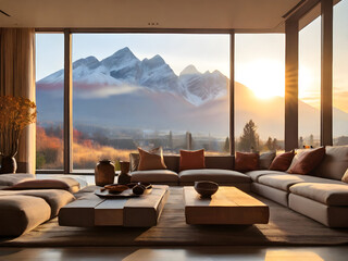 Gernerative KI Wohnzimmer mit großen Fenstern im Hintergrund Berge bei Sonnenaufgang Sonnenuntergang