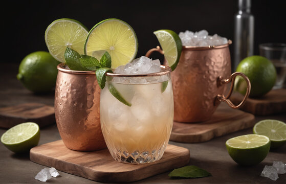 Brazilian Mule Cocktail with Lime and Crushed Ice detailed