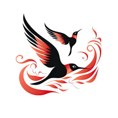 An illustration of two birds with red and black colors
