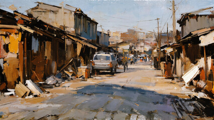 Urban slums, Loosely abstract painting, Stylized digital art painting.