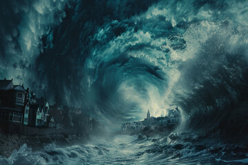 A dramatic apocalyptic background - massive tsunami waves engulfing a small coastal town, asteroid collision, end of the world - obrazy, fototapety, plakaty