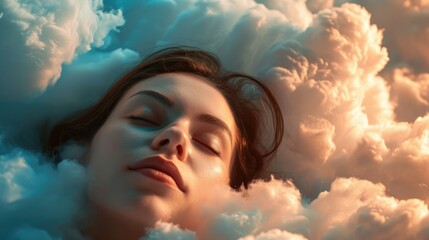 The close up picture of the caucasian female human that laying down for sleeping on the sea of the cloudscape that act like pillow that look fluffy and soft at the bright sky of the daytime. AIGX03.