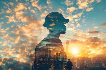 Worker holding tool with Twilight time on Labor Day  double exposure
