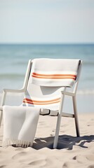 Obraz premium Beach chair with artisanal towel, artistic shot, close-up, detailed texture, luxury seaside ambianceFuturistic