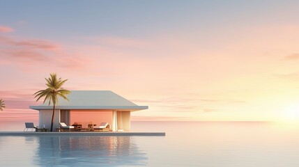 Beachside hut at sunset, serving exotic cocktails, wide view, warm tones, serene end-of-day relaxationFuturistic - obrazy, fototapety, plakaty
