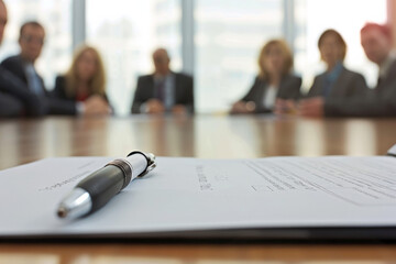 Focus on a paper and pen on a table. In the background, a panel of business people conducting a job interview