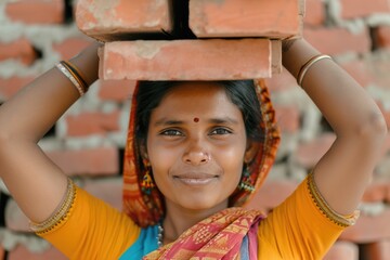 Asian Indian woman working at construction site carrying bricks on her head