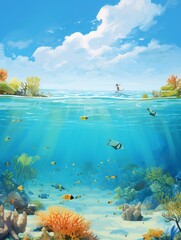 Family snorkeling trip, wide coral landscape, sunny day, lively underwater scene, joyous explorationFuturistic