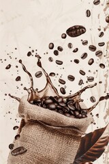 Sfondo del modello di mockup con l'icona del sacco di chicchi di caffè decorato con bellissimi schizzi d'acqua di caffè consigliato per poster pubblicitari per prodotti per bevande a base di caffè - obrazy, fototapety, plakaty