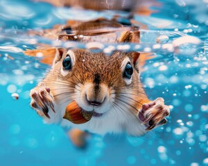 Fluffy, delighted kitten swimming underwater, catching a goldfish in its mouth