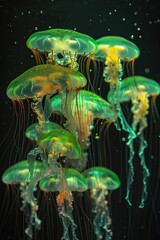A collection of fluorescent jellyfish, their bodies beaded with tiny water droplets, gracefully descending into a pitch-black tank, creating a mesmerizing light show 