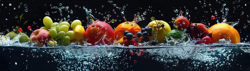 A variety of exotic fruits, their surfaces dotted with moisture, dropping into a deep, dark tank,...