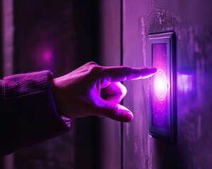 A hand touches a violet button, inadvertently setting off an interstellar signal beacon