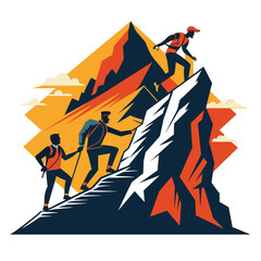 Group of climbers climbing up to the top of the mountain, vector illustration