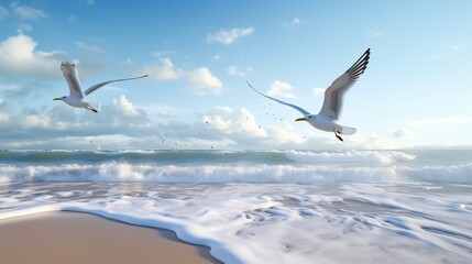 Fototapeta premium Seagulls chasing waves, action shot, eye-level, crisp details, playful nature, sandy beach settingFuturistic