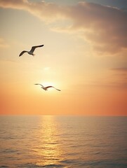 Fototapeta na wymiar Silhouette of seagulls at sunset, ocean horizon, wide view, warm colors, tranquil end of dayFuturistic