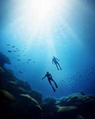 Solo snorkeler in deep reef, dramatic angle, mysterious ambiance, cool tones, hidden wondersFuturistic
