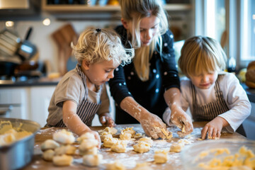 A joyous family, with playful kids, engaging in dough preparation and cookie baking in the kitchen - obrazy, fototapety, plakaty