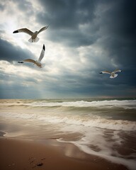 Fototapeta na wymiar Stormy beach scene, seagulls braving the wind, dramatic sky, wide angle, intense atmosphereFuturistic