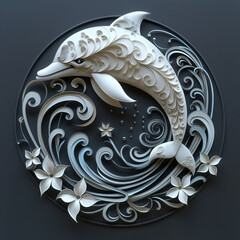 Paper cut white dolphin jumping in the waves and flowers on round black background