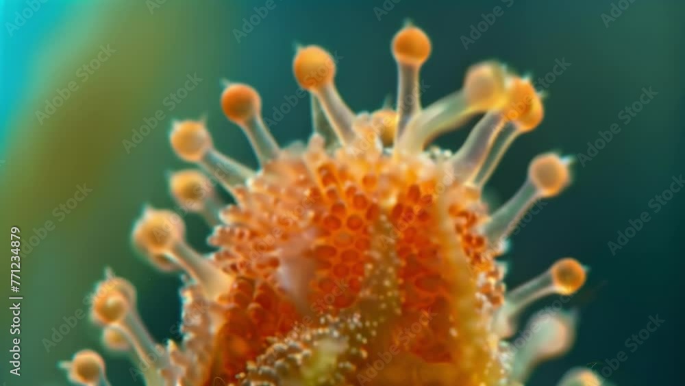 Poster a view of a single sporangium bursting with microscopic spores ready to be released into the environ