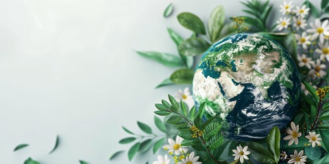 world earth day, world environment day, earth with plants flowers on white background, esg, eco-friendly