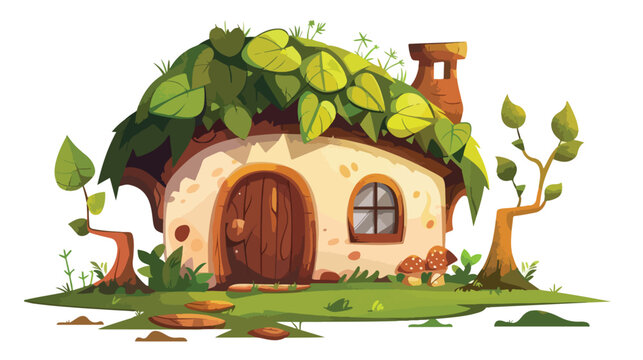 Cartoon Fairy house with a roof of leaves Flat vector
