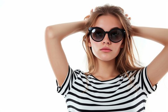 Pretty Young Woman in Oversized Sunglasses and Striped T-shirt photo on white isolated background