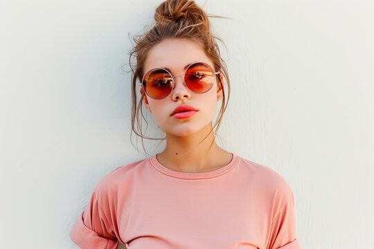 Pretty Young Woman in Oversized Sunglasses and Casual Tee photo on white isolated background