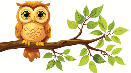 Cartoon funny owl on tree branch Flat vector